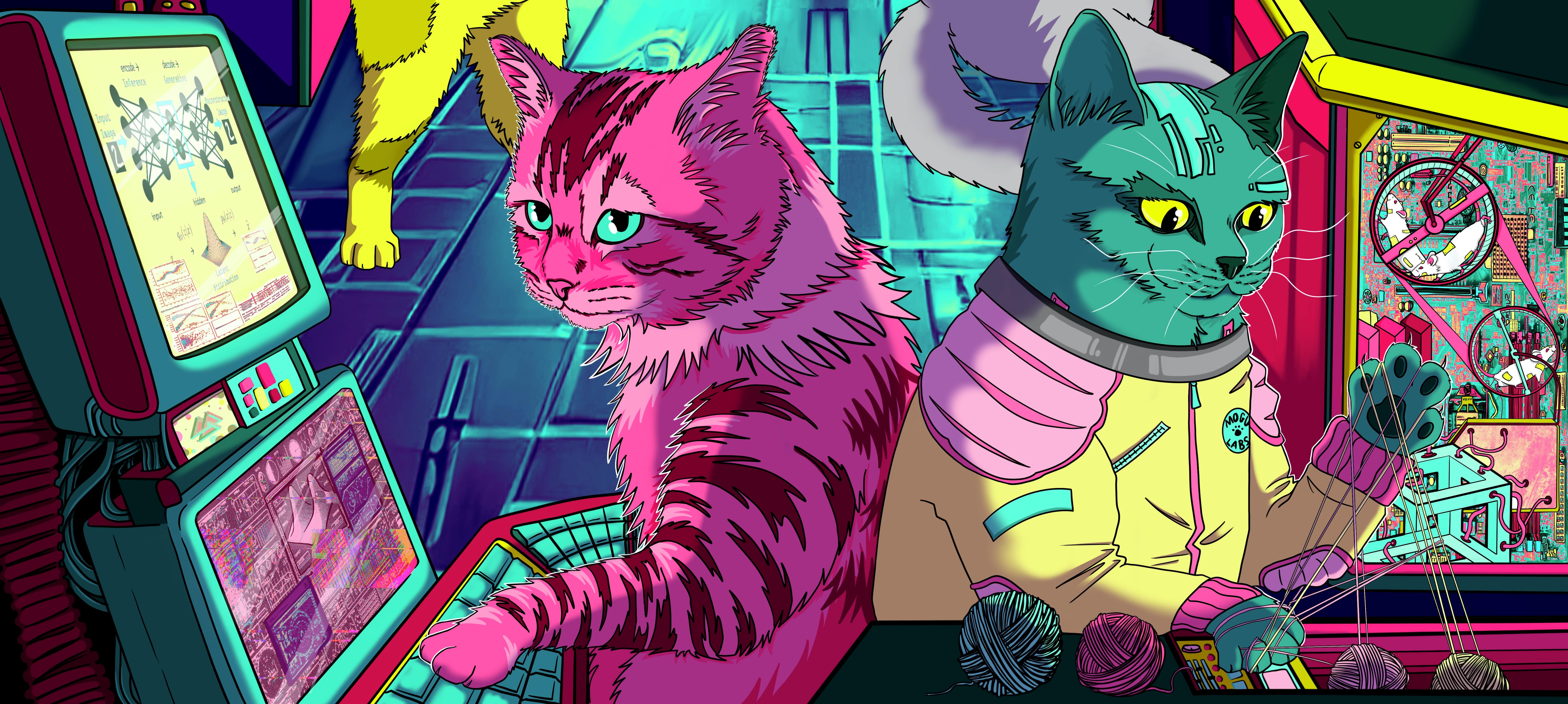 Illustration of cats working on research together at MOGU Lab